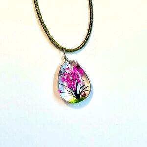 Handmade Lace Dried Flowers Oval Pendant Necklace #14